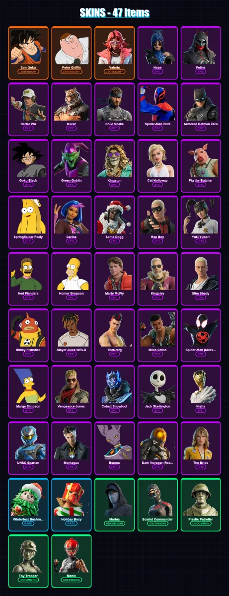 [PS4/PS5/XBOX/PC] | Son Goku | Peter Griffin | Valeria | Hope | Felina | 47 skin | 84 pickaxe | 61 emote | 59 glider | Lv905