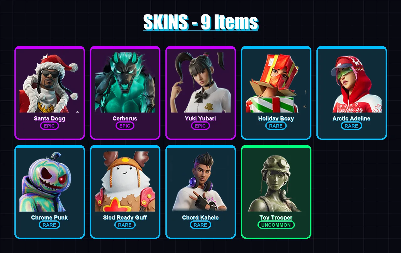[SWITCH/XBOX/PSN/PC] | Santa Dogg | Cerberus | Yuki Yubari | Holiday Boxy | Arctic Adeline | 9 skin | 37 pickaxe | 22 emote | 30 glider | Lv561