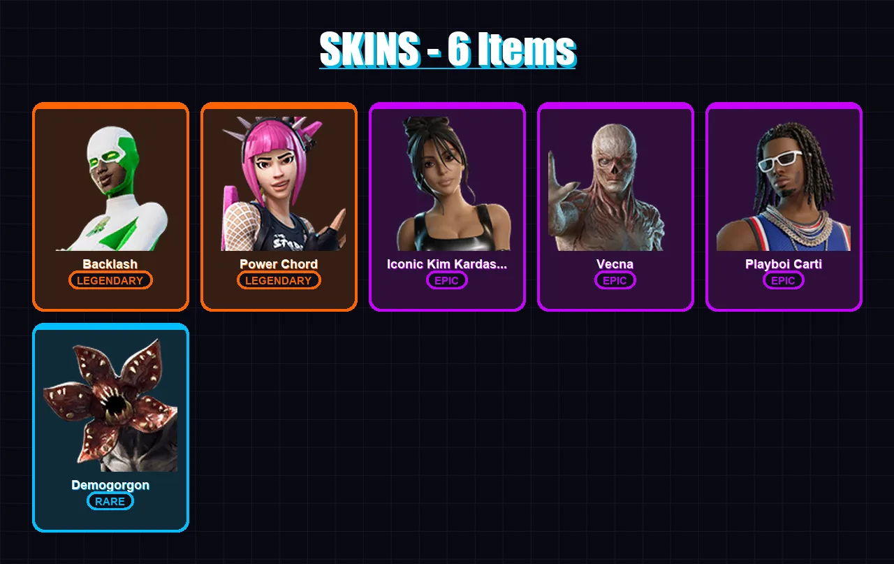 [PS4/PS5/XBOX/PC] | Backlash | Power Chord | Iconic Kim Kardashian | Vecna | Playboi Carti | 6 skin | 14 pickaxe | 9 emote | 11 glider | Lv88