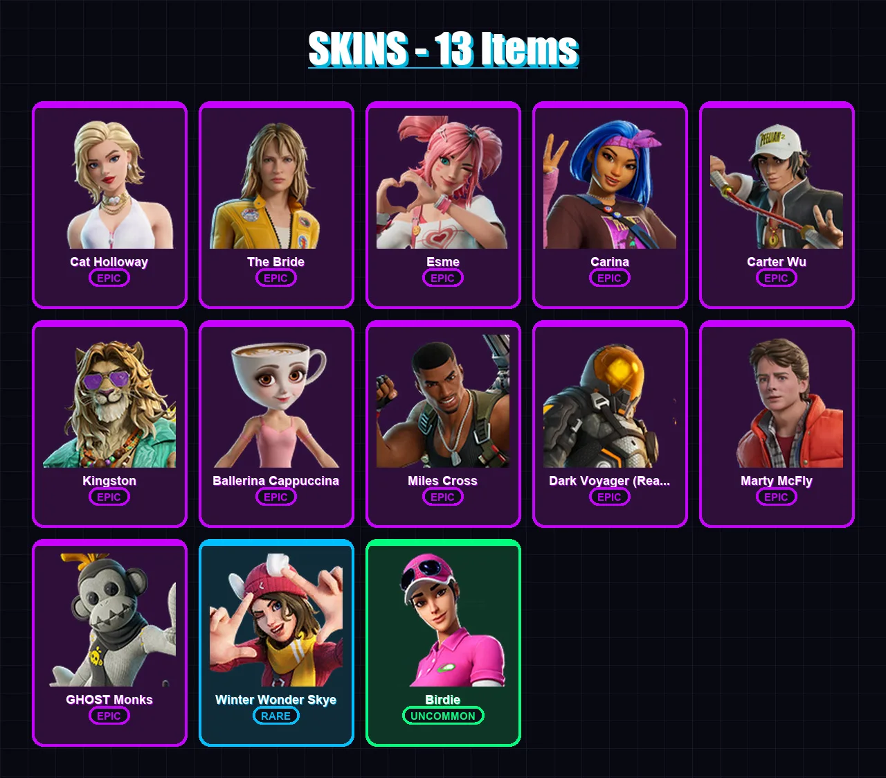 [SWITCH/PSN/PC] | Cat Holloway | The Bride | Esme | Carina | Carter Wu | 13 skin | 24 pickaxe | 19 emote | 20 glider | Lv469