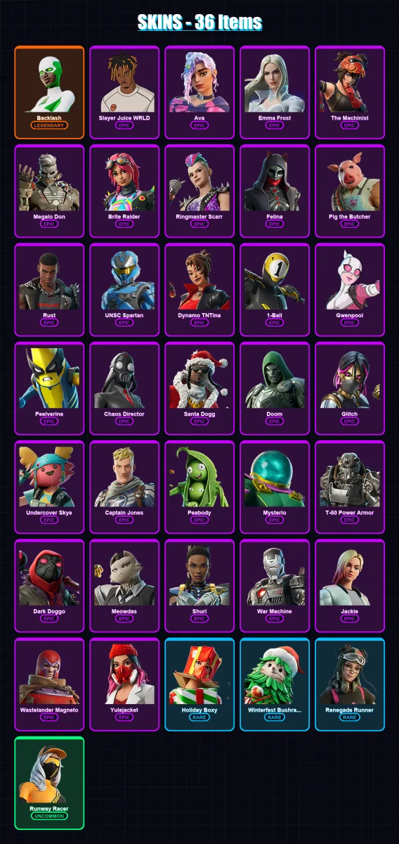[PC/XBOX/PSN] | Backlash | Slayer Juice WRLD | Ava | Emma Frost | The Machinist | 36 skin | 94 pickaxe | 54 emote | 64 glider | Lv1326