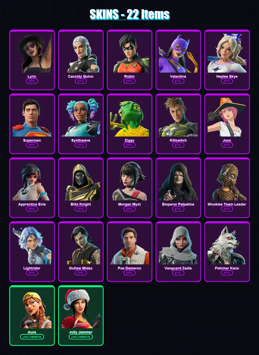 [PC/PSN] | Lyric | Cassidy Quinn | Robin | Valentina | Haylee Skye | 22 skin | 50 pickaxe | 24 emote | 33 glider | Lv340