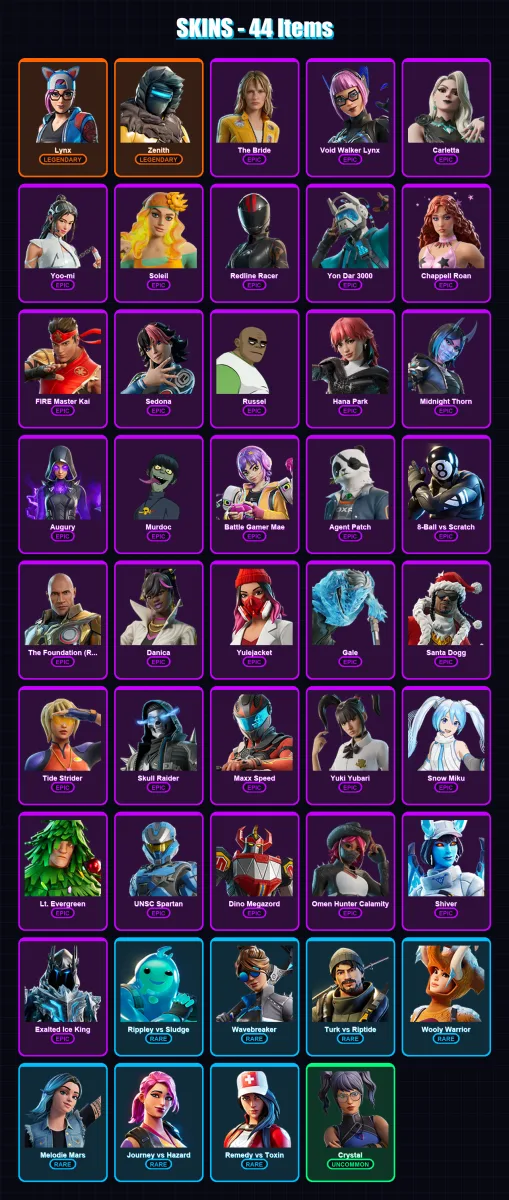 [PC/XBOX] | Lynx | Zenith | The Bride | Void Walker Lynx | Carletta | 44 skin | 52 pickaxe | 33 emote | 25 glider | Lv218