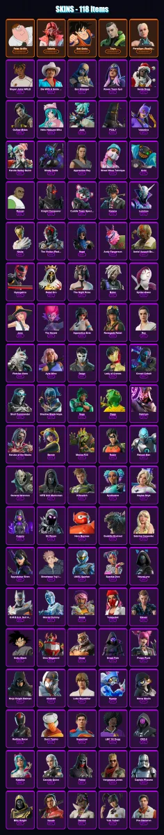 [PS4/PS5/XBOX/PC] | Peter Griffin | Valeria | Son Goku | Twyn | Paradigm (Reality-659) | 118 skin | 152 pickaxe | 105 emote | 86 glider | Lv1021