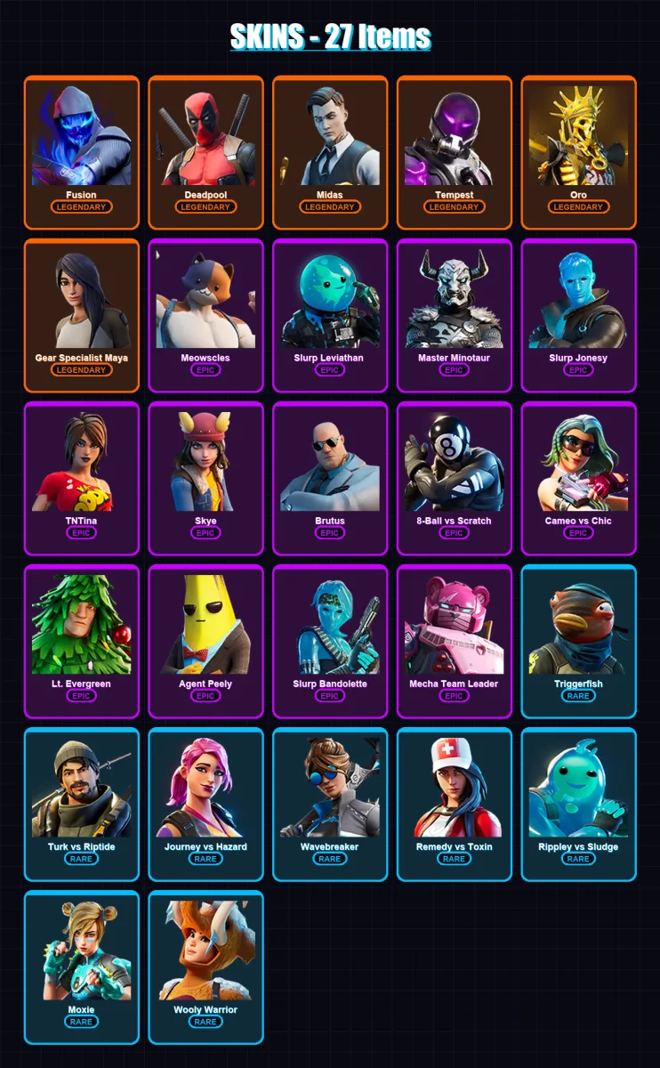 [PC/XBOX/PSN] | Fusion | Deadpool | Midas | Tempest | Oro | 27 skin | 23 pickaxe | 21 emote | 20 glider | Lv422