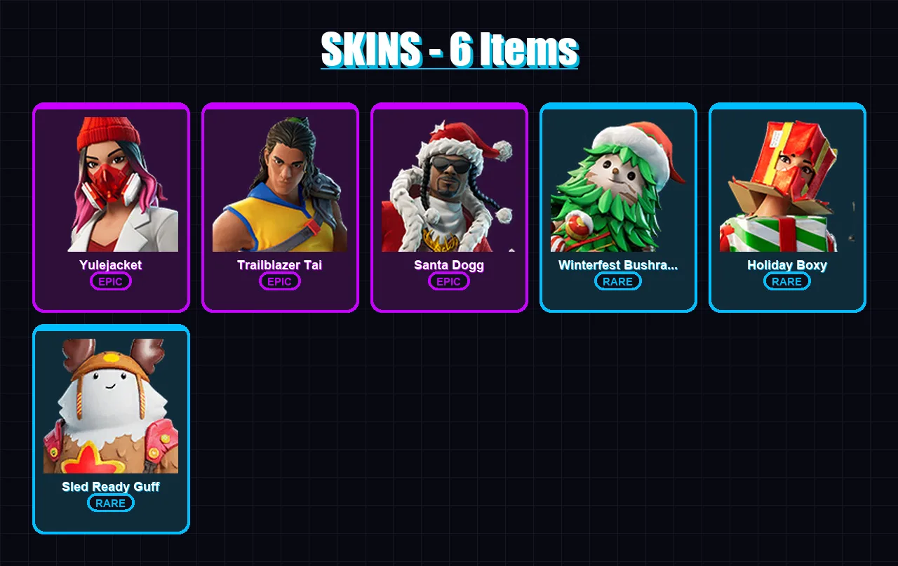 [PC/XBOX/PSN] | Yulejacket | Trailblazer Tai | Santa Dogg | Winterfest Bushranger | Holiday Boxy | 6 skin | 18 pickaxe | 9 emote | 12 glider | Lv179