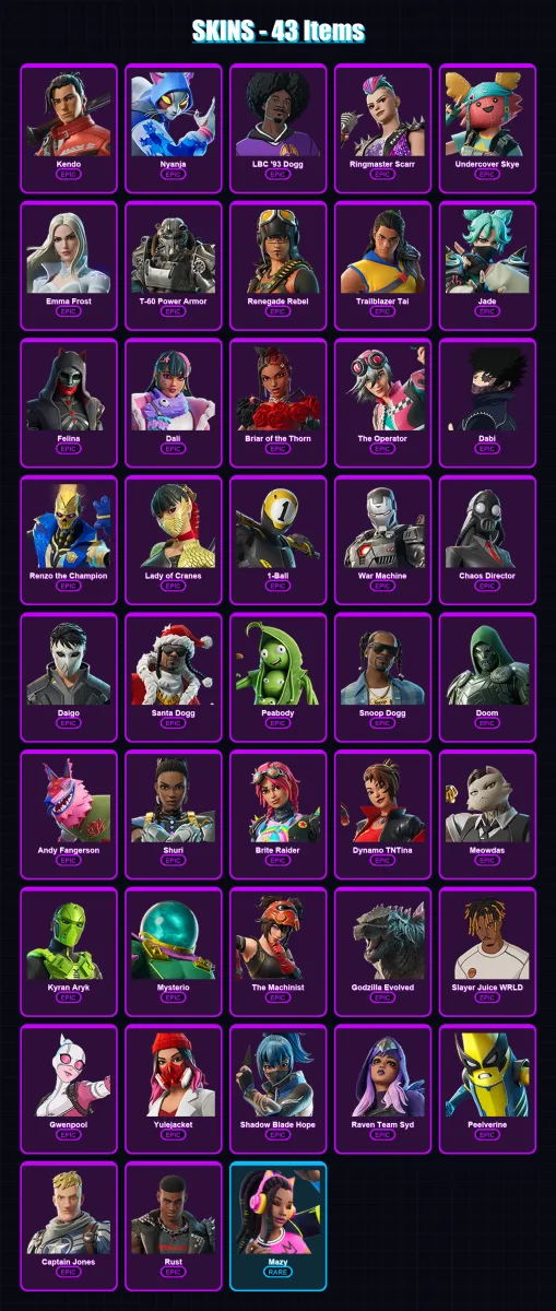 [PC/XBOX/PSN] | Kendo | Nyanja | LBC '93 Dogg | Ringmaster Scarr | Undercover Skye | 43 skin | 58 pickaxe | 35 emote | 35 glider | Lv316