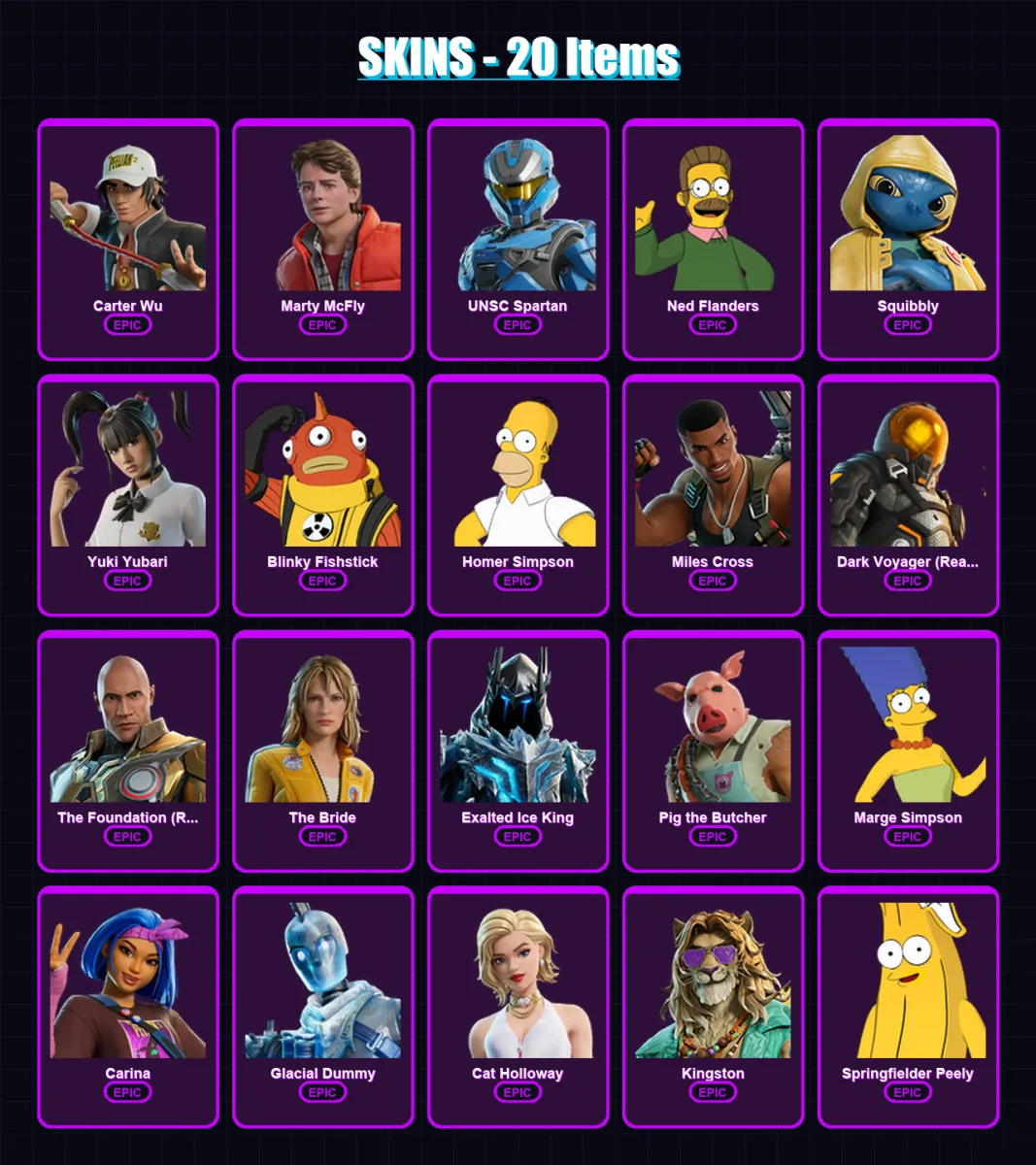 [PC/PSN] | Carter Wu | Marty McFly | UNSC Spartan | Ned Flanders | Squibbly | 20 skin | 59 pickaxe | 35 emote | 46 glider | Lv659