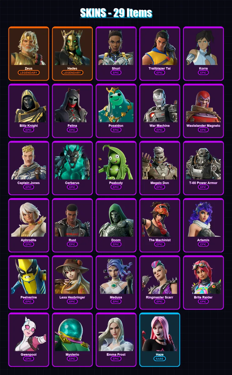 [PC/XBOX/PSN] | Zeus | Hades | Shuri | Trailblazer Tai | Korra | 29 skin | 38 pickaxe | 33 emote | 32 glider | Lv431