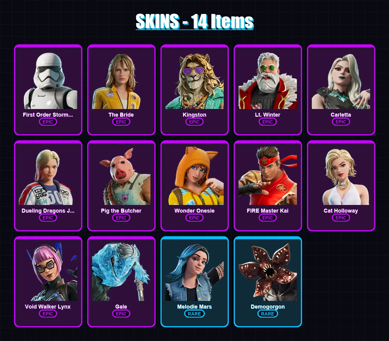 [PC/PSN] | First Order Stormtrooper | The Bride | Kingston | Lt. Winter | Carletta | 14 skin | 30 pickaxe | 16 emote | 20 glider | Lv150