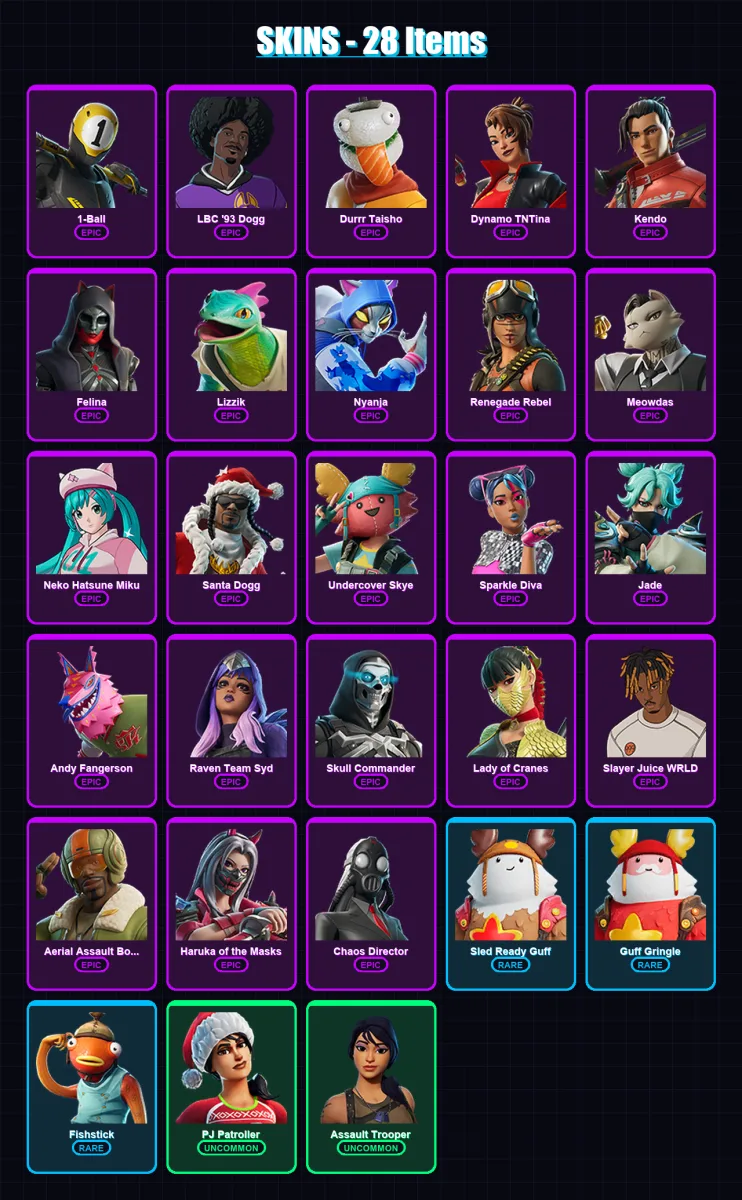 [PC/PSN] | 1-Ball | LBC '93 Dogg | Durrr Taisho | Dynamo TNTina | Kendo | 28 skin | 61 pickaxe | 27 emote | 39 glider | Lv433