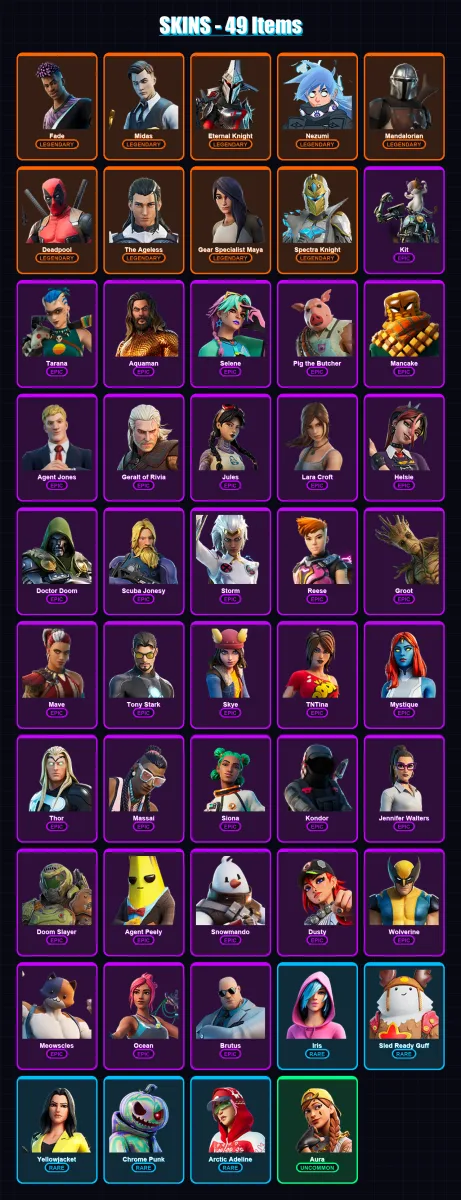 [PC] | Fade | Midas | Eternal Knight | Nezumi | Mandalorian | 49 skin | 62 pickaxe | 48 emote | 58 glider | Lv767