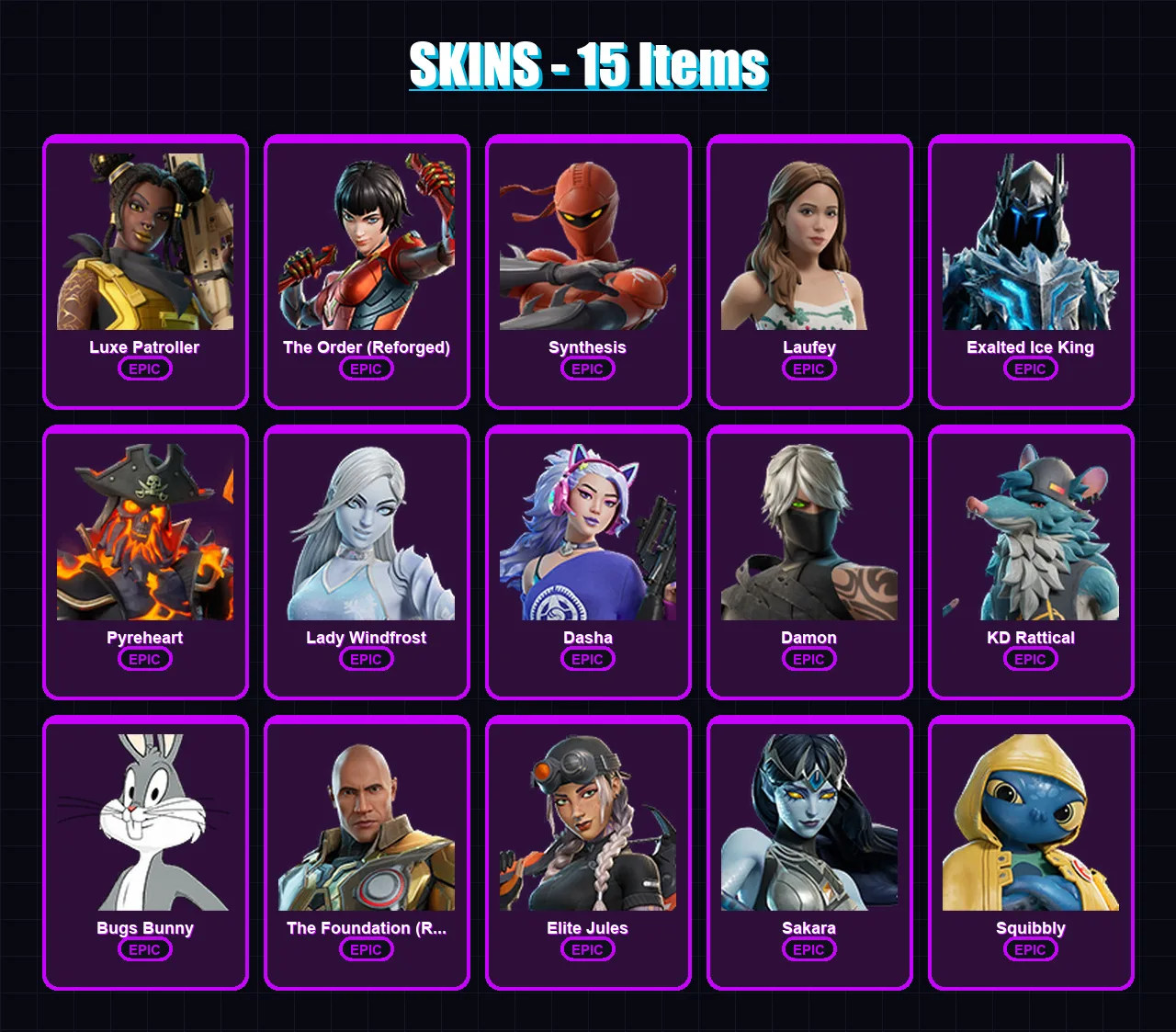 [PC/PSN] | Luxe Patroller | The Order (Reforged) | Synthesis | Laufey | Exalted Ice King | 15 skin | 22 pickaxe | 11 emote | 14 glider | Lv117