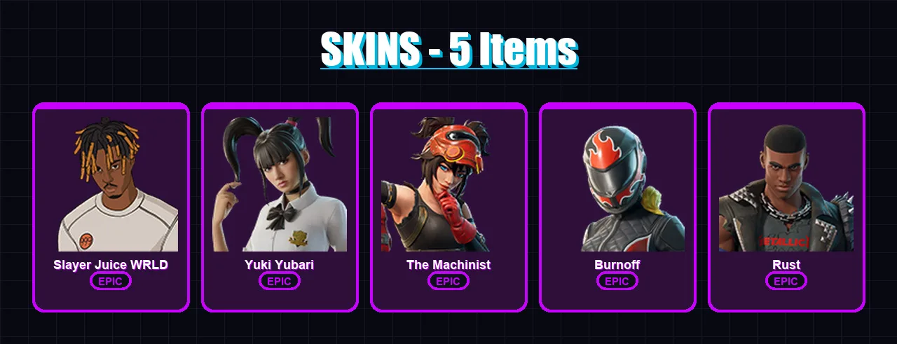 [PC/PSN] | Slayer Juice WRLD | Yuki Yubari | The Machinist | Burnoff | Rust | 5 skin | 6 pickaxe | 5 emote | 4 glider | Lv36