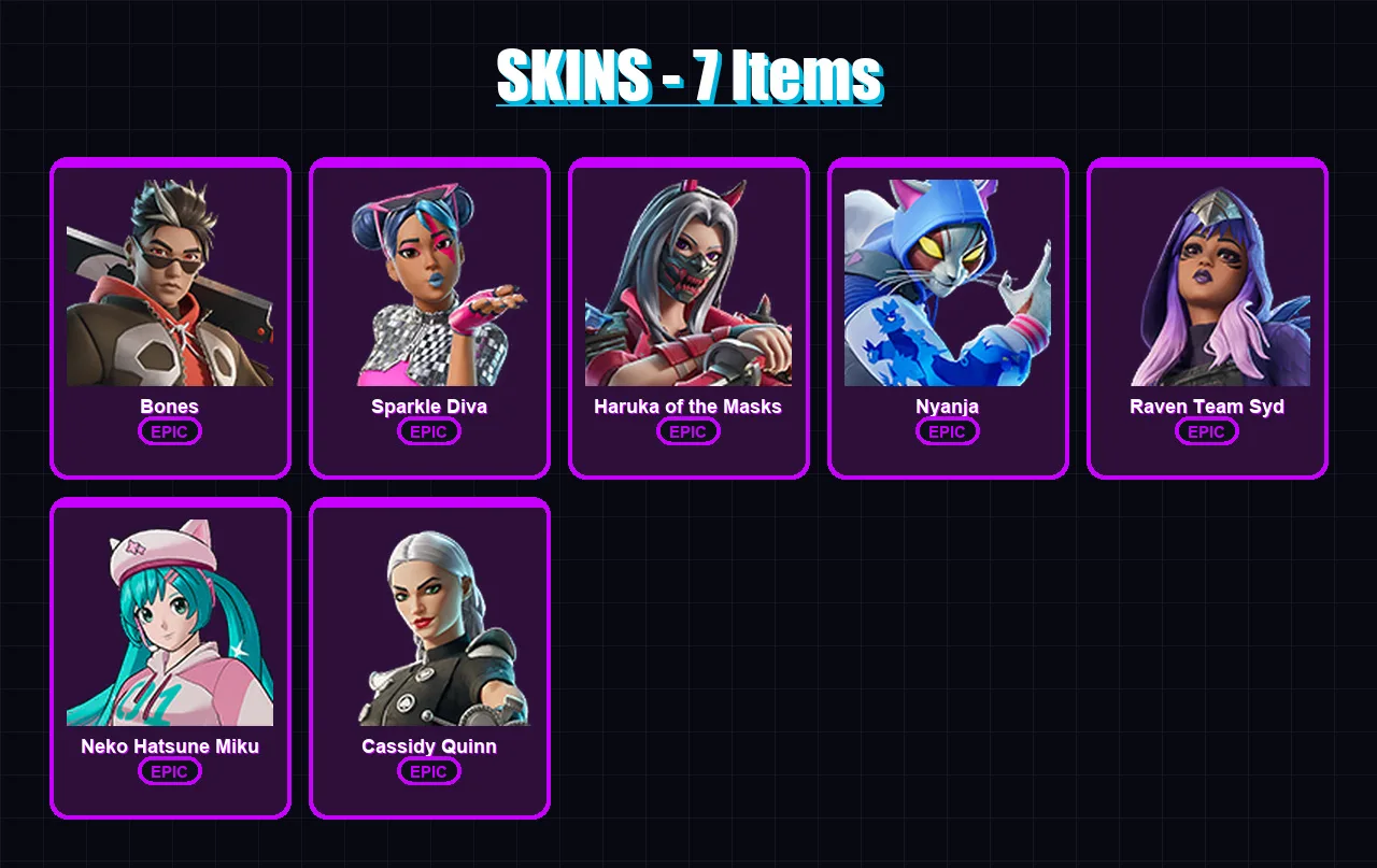 [PC/PSN] | Bones | Sparkle Diva | Haruka of the Masks | Nyanja | Raven Team Syd | 7 skin | 4 pickaxe | 1 emote | 1 glider | Lv8