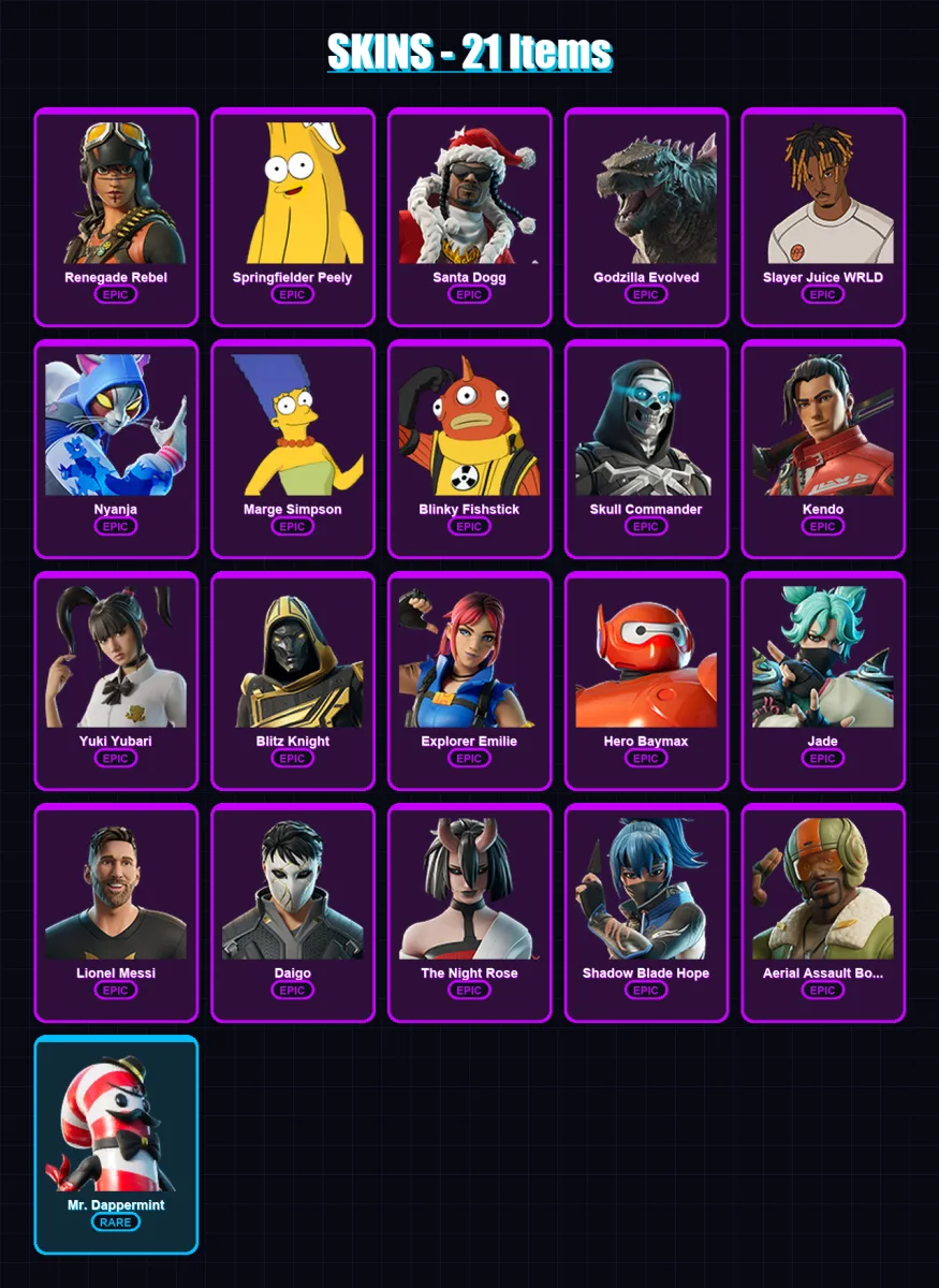 [PC/XBOX/PSN] | Renegade Rebel | Springfielder Peely | Santa Dogg | 21 skin | Lv642