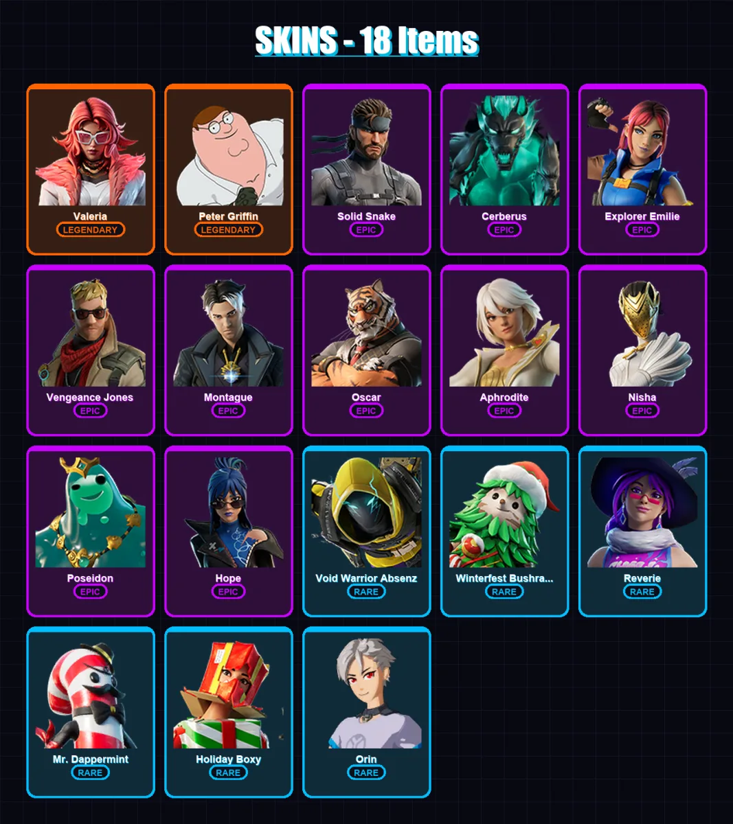 [PC/XBOX/PSN] | Valeria | Peter Griffin | Solid Snake | Cerberus | Explorer Emilie | 18 skin | 17 pickaxe | 16 emote | 16 glider | Lv200