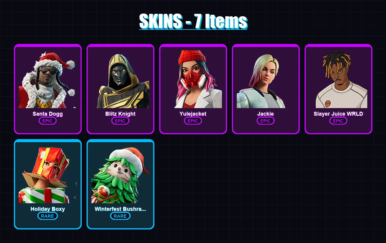 [PC/XBOX/PSN] | Santa Dogg | Blitz Knight | Yulejacket | Jackie | Slayer Juice WRLD | 7 skin | 44 pickaxe | 17 emote | 32 glider | Lv520