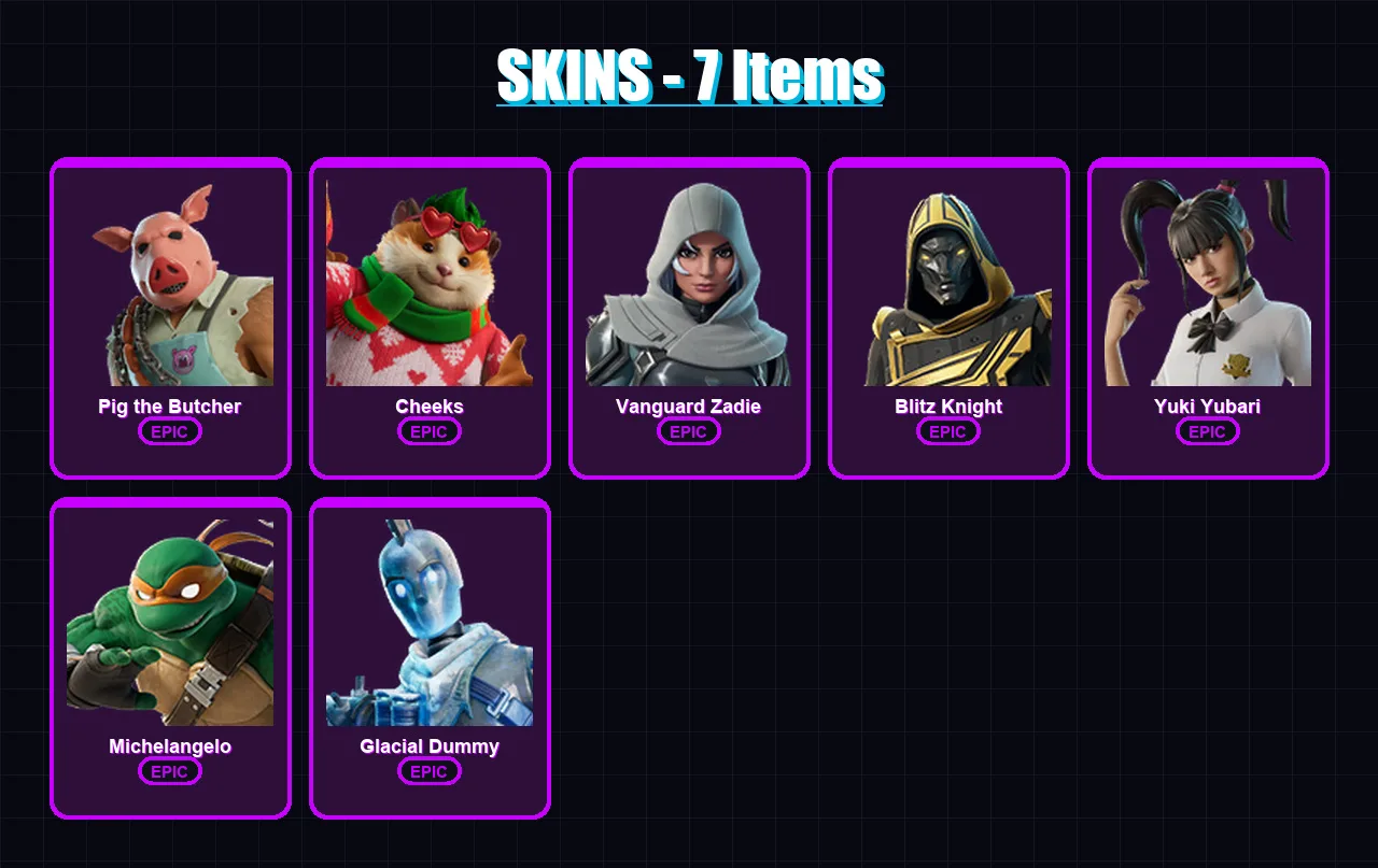[PS4/PS5/XBOX/PC] | Pig the Butcher | Cheeks | Vanguard Zadie | Blitz Knight | Yuki Yubari | 7 skin | 57 pickaxe | 19 emote | 34 glider | Lv387