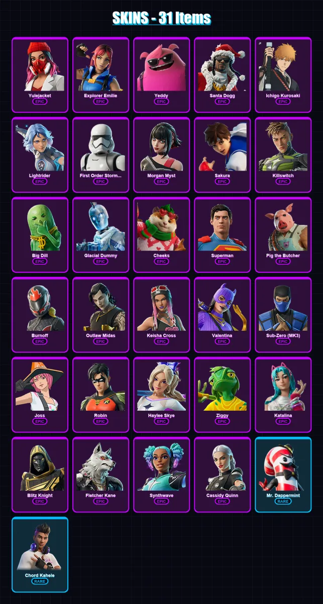 [PC/PSN] | Yulejacket | Explorer Emilie | Yeddy | Santa Dogg | Ichigo Kurosaki | 31 skin | 76 pickaxe | 38 emote | 50 glider | Lv772