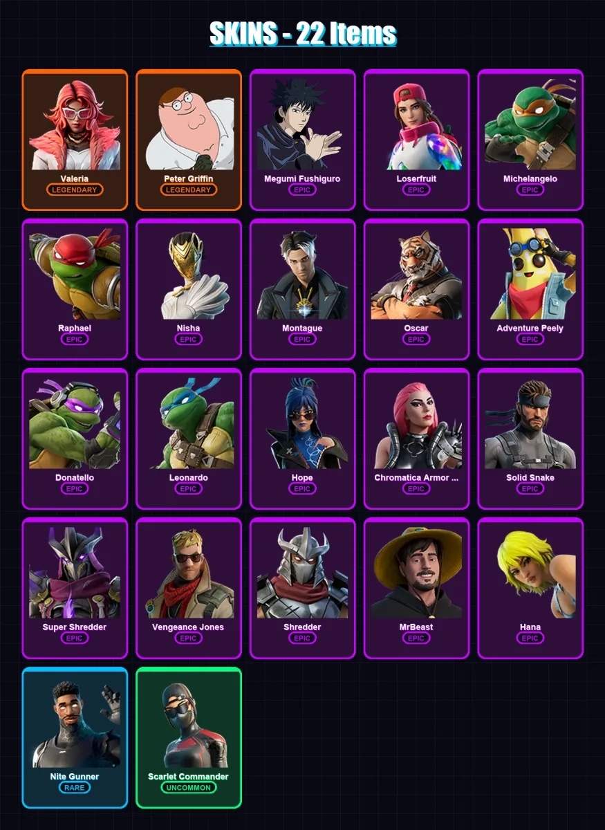 [PC/PSN] | Valeria | Peter Griffin | Megumi Fushiguro | Loserfruit | Michelangelo | 22 skin | 30 pickaxe | 24 emote | 17 glider | Lv243