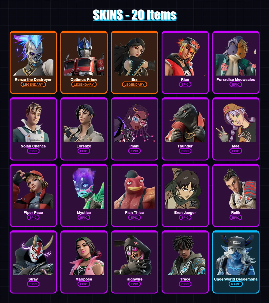 [PC/XBOX/PSN] | Renzo the Destroyer | Optimus Prime | Era | Rian | Purradise Meowscles | 20 skin | 33 pickaxe | 32 emote | 33 glider | Lv621 — Fortnite account