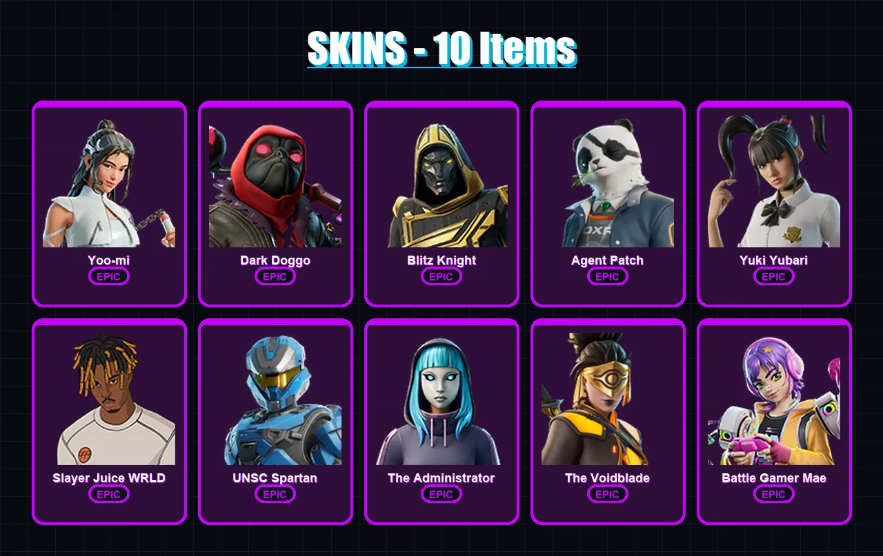 [PS4/PS5/XBOX/PC] | Yoo-mi | Dark Doggo | Blitz Knight | Agent Patch | Yuki Yubari | 10 skin | 39 pickaxe | 14 emote | 21 glider | Lv234