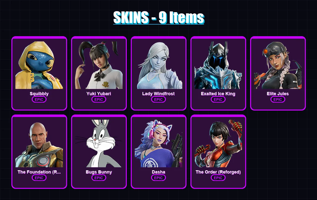 [SWITCH/XBOX/PSN/PC] | Squibbly | Yuki Yubari | Lady Windfrost | Exalted Ice King | Elite Jules | 9 skin | 31 pickaxe | 18 emote | 22 glider | Lv241