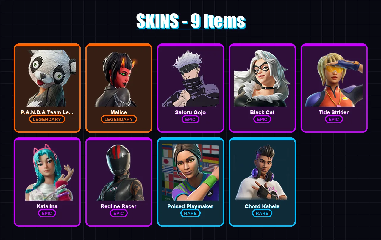 [PC/XBOX/PSN] | P.A.N.D.A Team Leader | Malice | Satoru Gojo | Black Cat | Tide Strider | 9 skin | 29 pickaxe | 23 emote | 31 glider | Lv307