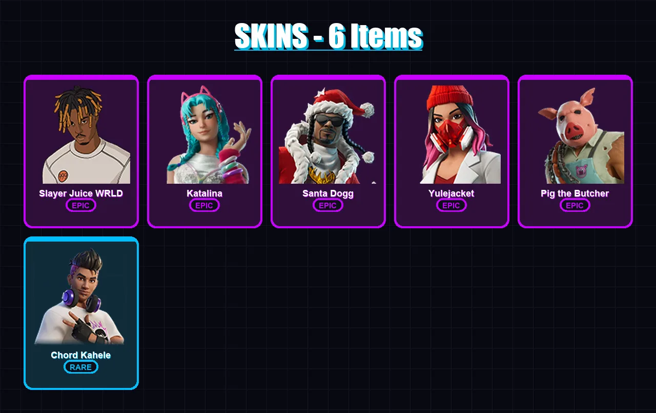 [PC/XBOX/PSN] | Slayer Juice WRLD | Katalina | Santa Dogg | Yulejacket | Pig the Butcher | 6 skin | 27 pickaxe | 12 emote | 21 glider | Lv172