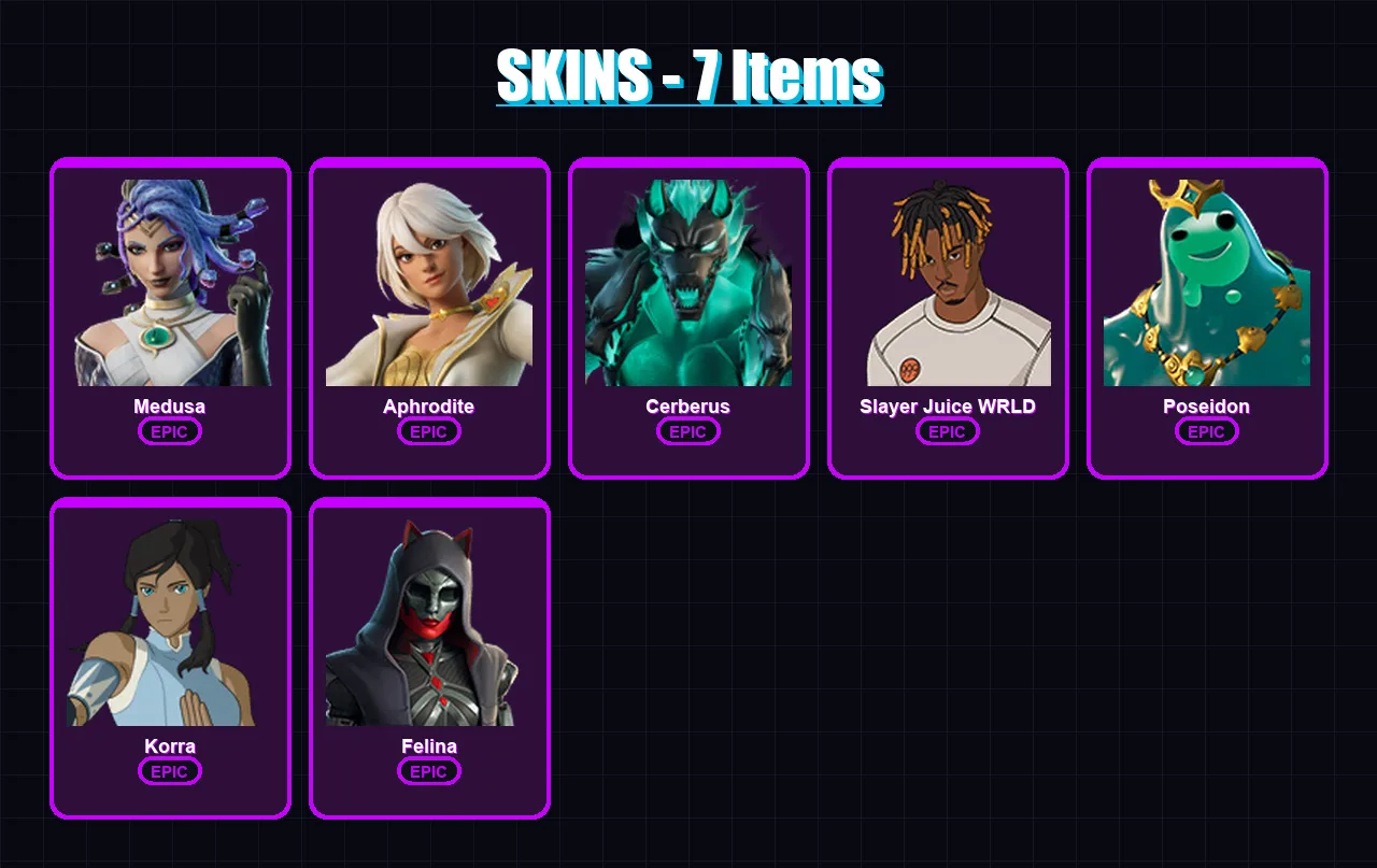 [PC/PSN] | Medusa | Aphrodite | Cerberus | Slayer Juice WRLD | Poseidon | 7 skin | 31 pickaxe | 24 emote | 26 glider | Lv586