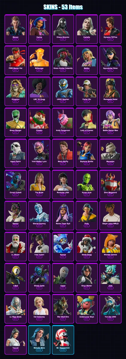 [PC/PSN] | Eleven | Carina | Chaos Director | Carletta | Dynamo TNTina | 53 skin | 88 pickaxe | 46 emote | 47 glider | Lv515