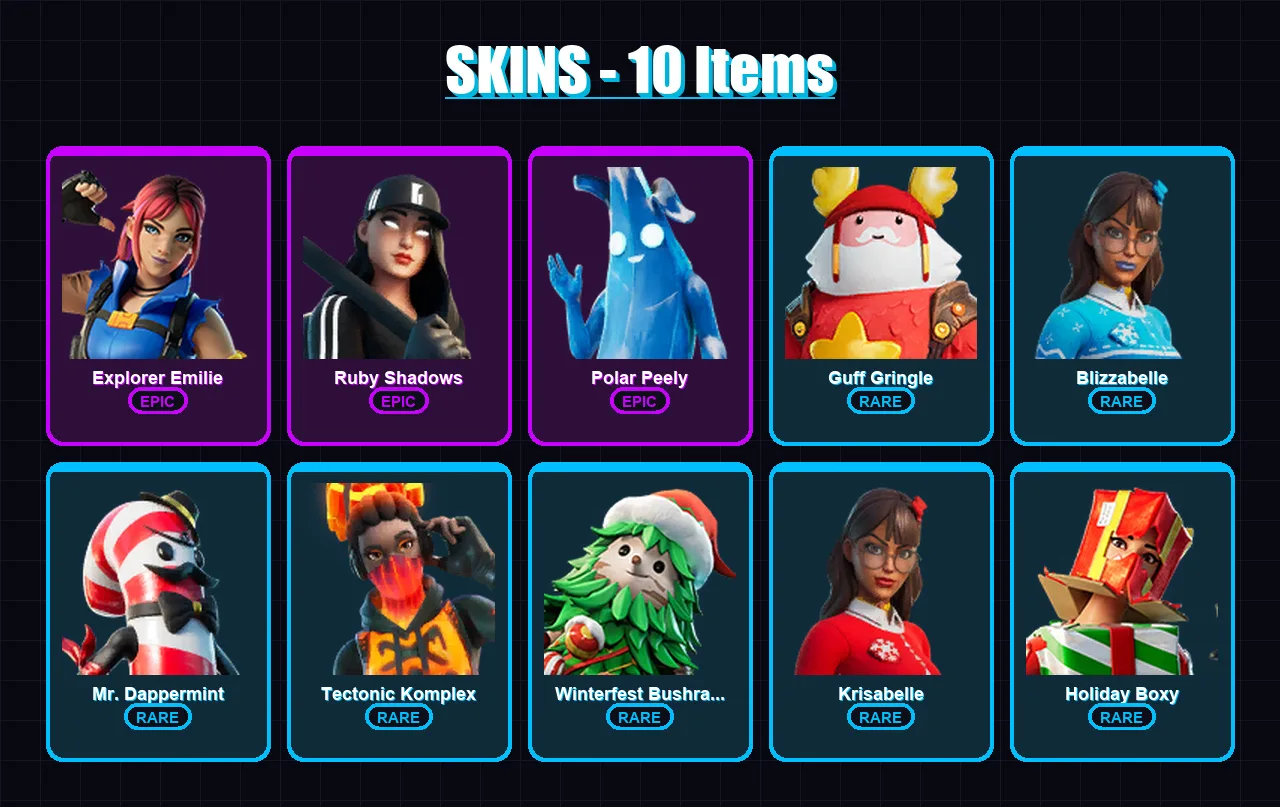 [PC/XBOX/PSN] | Explorer Emilie | Ruby Shadows | Polar Peely | Guff Gringle | Blizzabelle | 10 skin | 20 pickaxe | 20 emote | 20 glider | Lv302