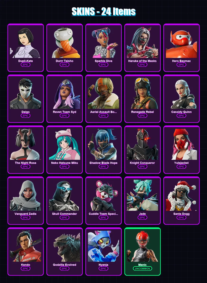 [PC/XBOX] | Dupli-Kate | Durrr Taisho | Sparkle Diva | Haruka of the Masks | Hero Baymax | 24 skin | 50 pickaxe | 30 emote | 30 glider | Lv373