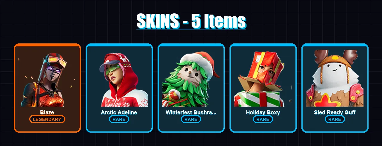 [PC/XBOX] | Blaze | Arctic Adeline | Winterfest Bushranger | Holiday Boxy | Sled Ready Guff | 5 skin | 13 pickaxe | 9 emote | 17 glider | Lv171