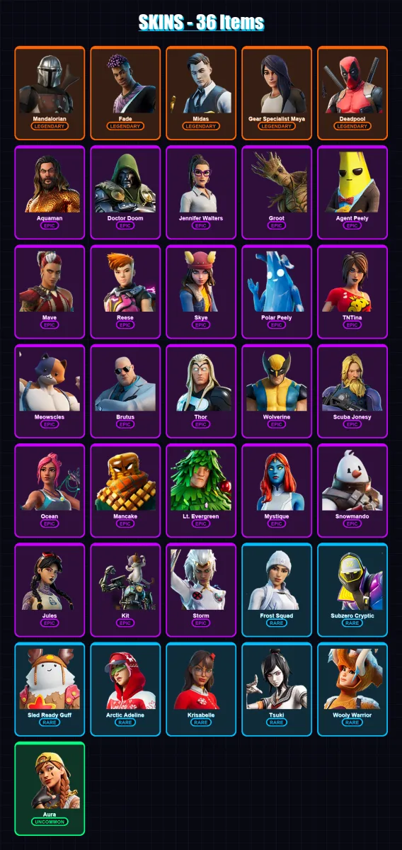[PC/XBOX] | Mandalorian | Fade | Midas | Gear Specialist Maya | Deadpool | 36 skin | 52 pickaxe | 37 emote | 55 glider | Lv814