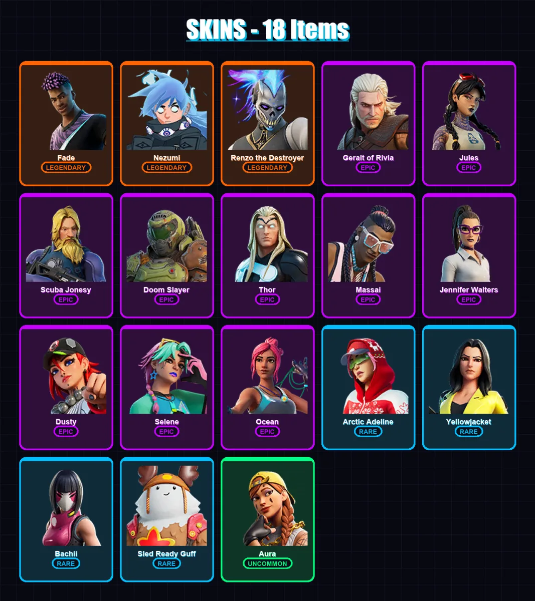 [PC/XBOX/PSN] | Fade | Nezumi | Renzo the Destroyer | Geralt of Rivia | Jules | 18 skin | 28 pickaxe | 32 emote | 30 glider | Lv452