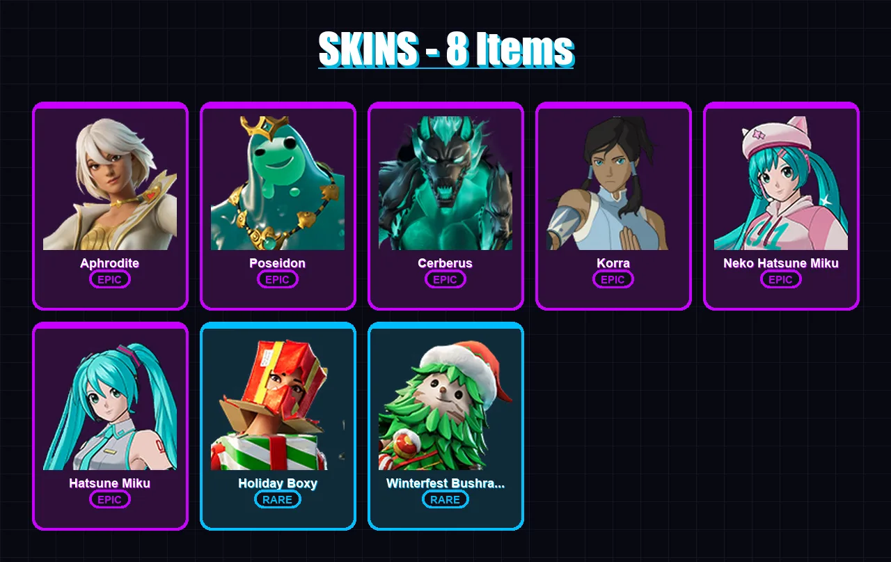 [PC/XBOX/PSN] | Aphrodite | Poseidon | Cerberus | Korra | Neko Hatsune Miku | 8 skin | 30 pickaxe | 17 emote | 19 glider | Lv228