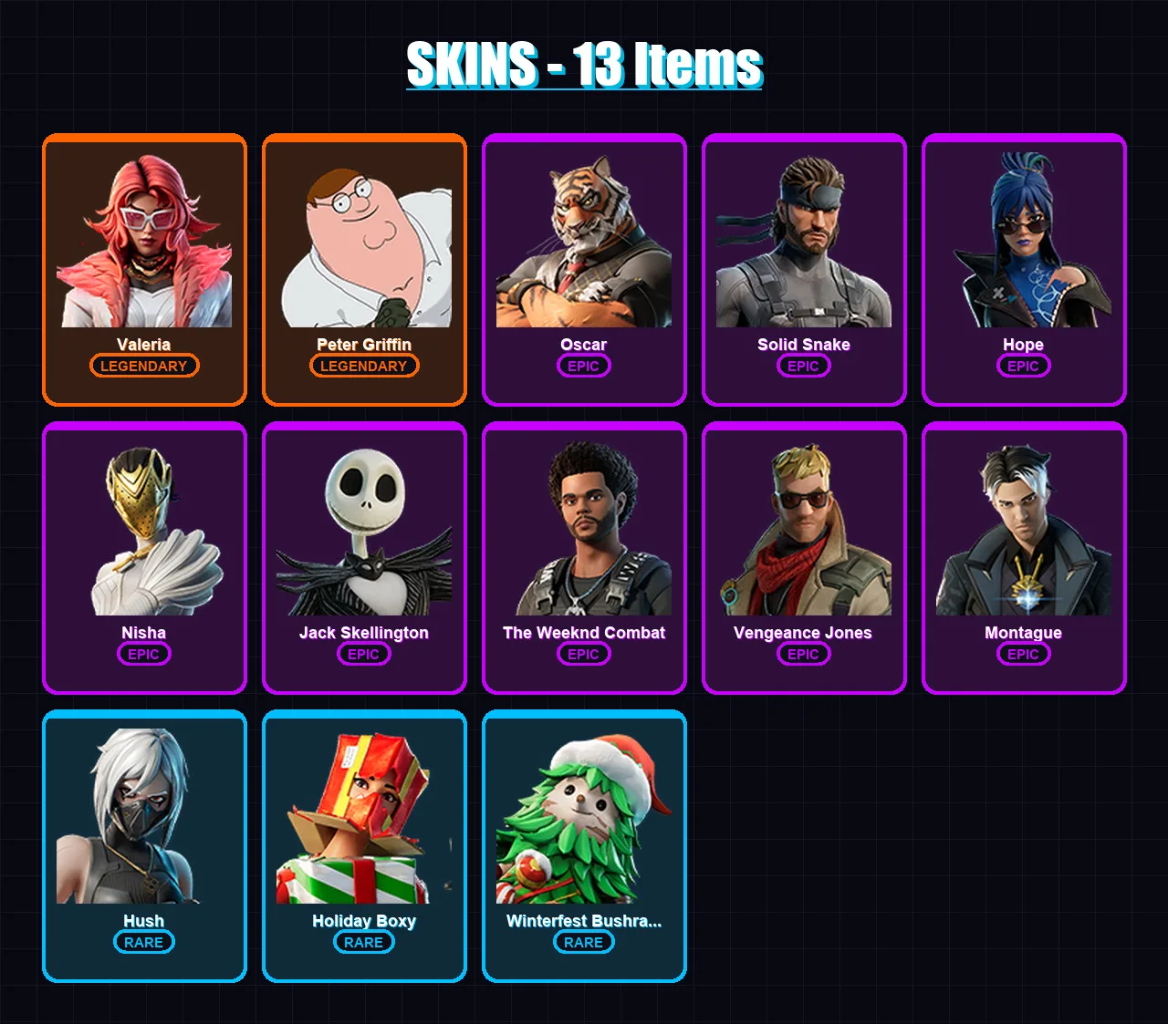 [PS4/PS5/XBOX/PC] | Valeria | Peter Griffin | Oscar | Solid Snake | Hope | 13 skin | 15 pickaxe | 19 emote | 12 glider | Lv163