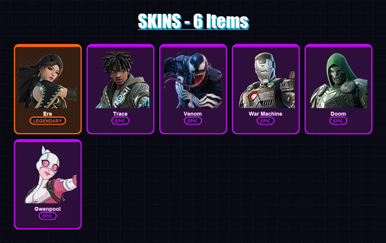 [PC/XBOX/PSN] | Era | Trace | Venom | War Machine | Doom | 6 skin | 8 pickaxe | 3 emote | 14 glider | Lv59