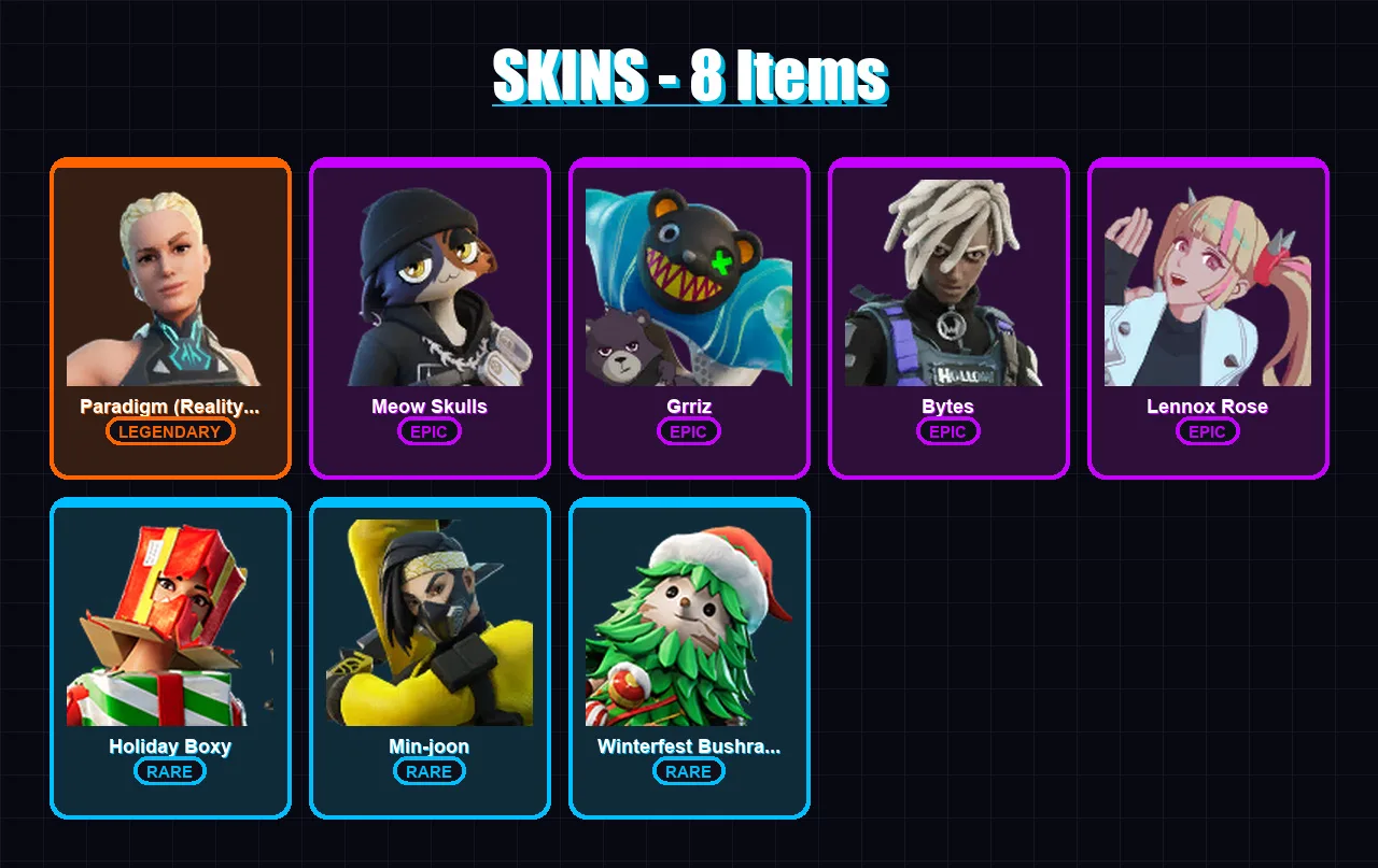 [PC/XBOX/PSN] | Paradigm (Reality-659) | Meow Skulls | Grriz | Bytes | Lennox Rose | 8 skin | 17 pickaxe | 9 emote | 17 glider | Lv139