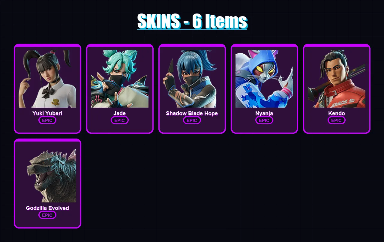 [PC/XBOX/PSN] | Yuki Yubari | Jade | Shadow Blade Hope | Nyanja | Kendo | 6 skin | 21 pickaxe | 13 emote | 14 glider | Lv135