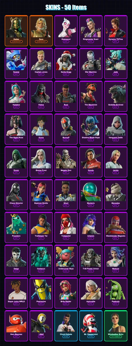 [PC/XBOX/PSN] | Hades | Zeus | Gwenpool | Ringmaster Scarr | Dynamo TNTina | 50 skin | 93 pickaxe | 62 emote | 65 glider | Lv1619