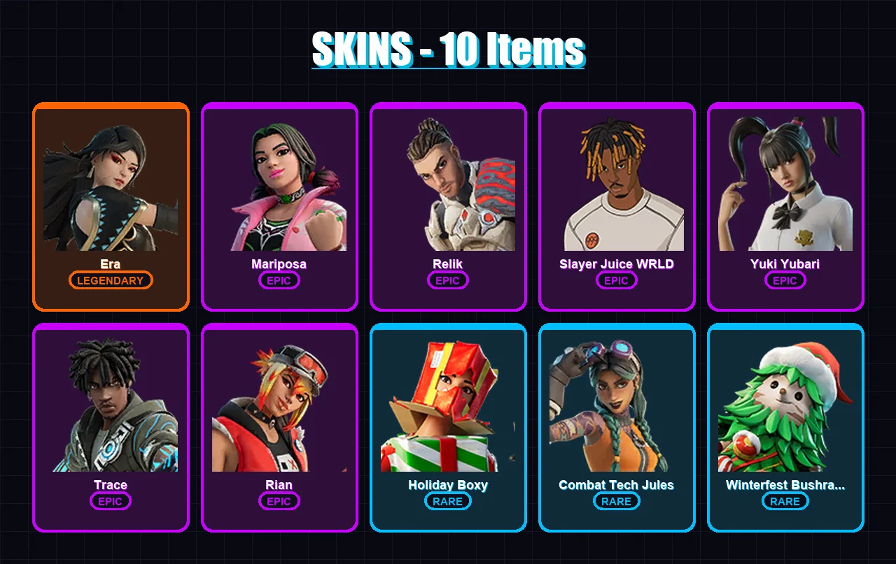 [PS4/PS5/XBOX/PC] | Era | Mariposa | Relik | Slayer Juice WRLD | Yuki Yubari | 10 skin | 25 pickaxe | 10 emote | 20 glider | Lv196
