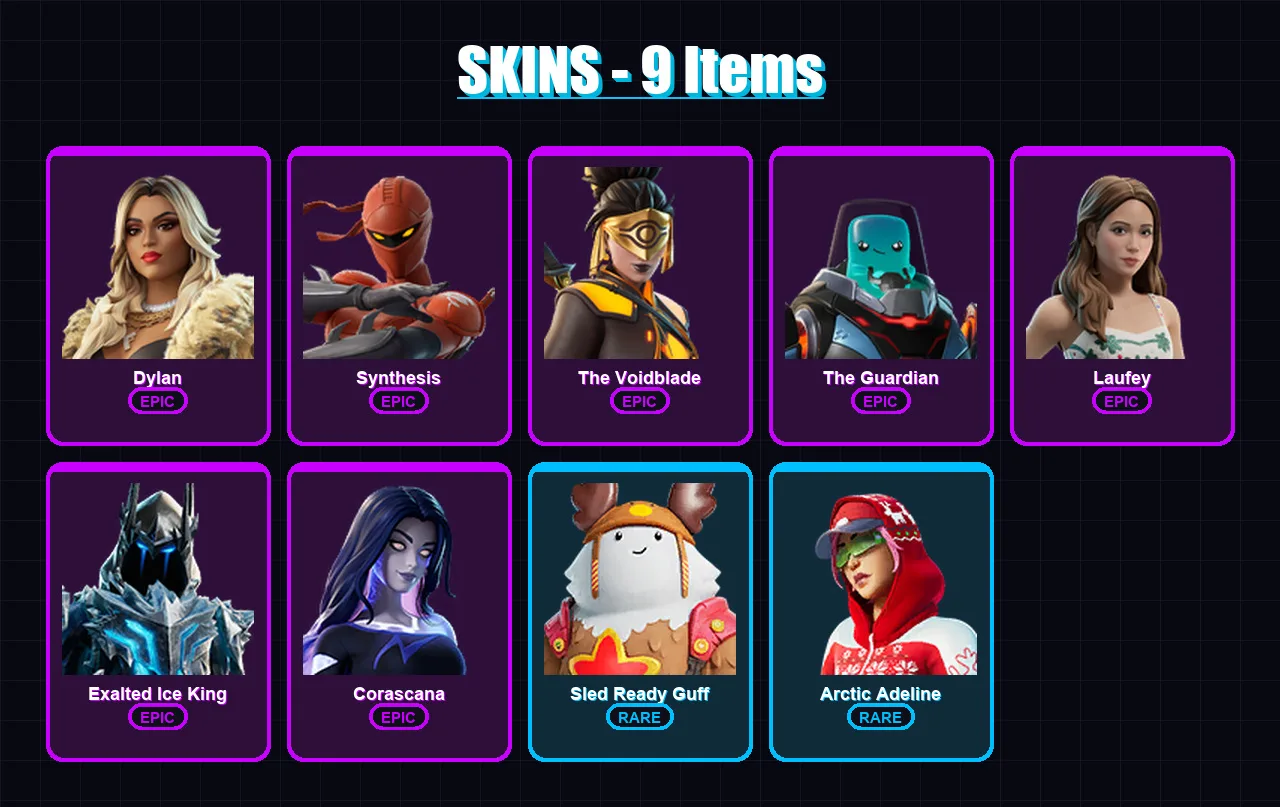 [PC/PSN] | Dylan | Synthesis | The Voidblade | The Guardian | Laufey | 9 skin | 9 pickaxe | 5 emote | 8 glider | Lv57