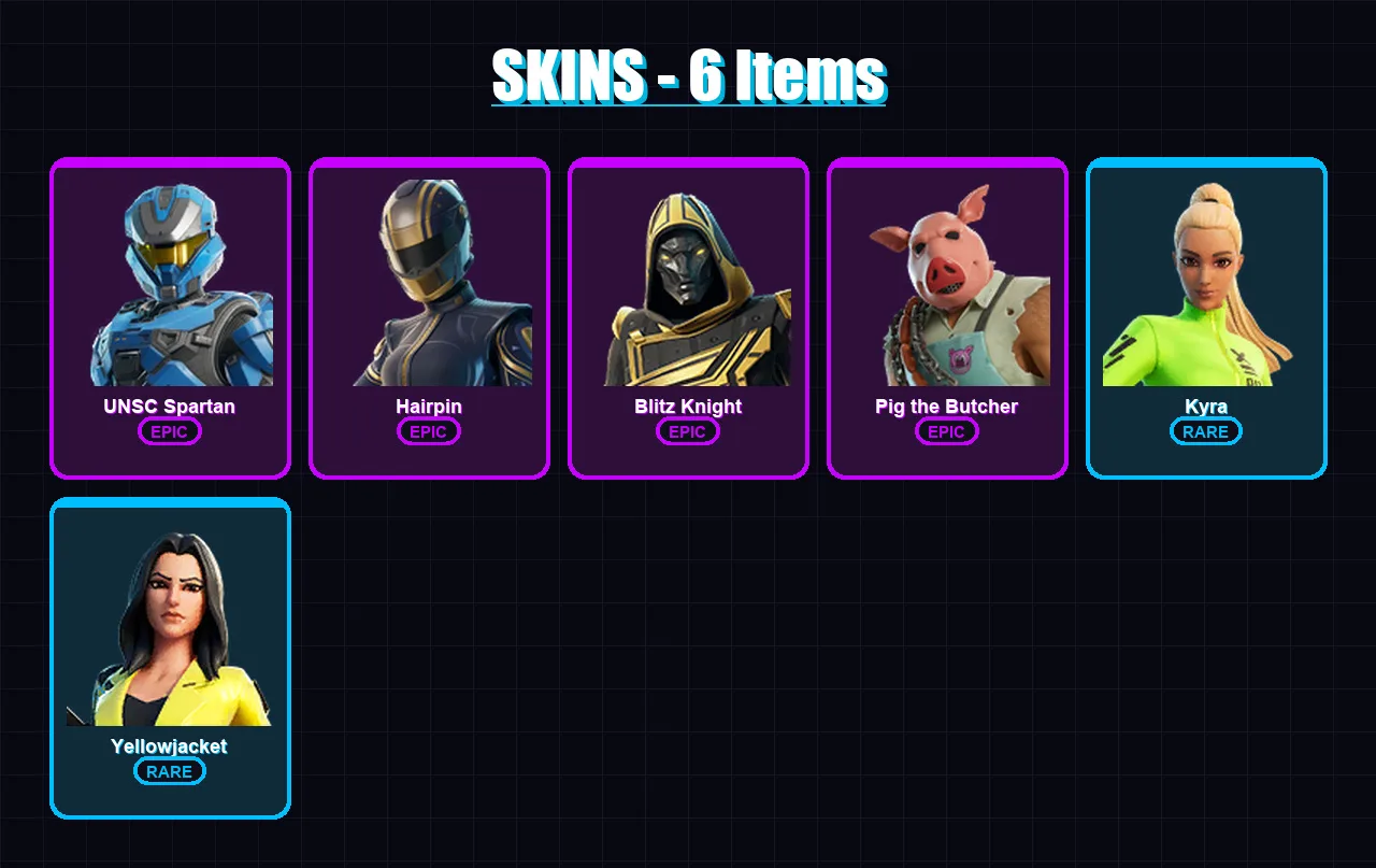 [PC/PSN] | UNSC Spartan | Hairpin | Blitz Knight | Pig the Butcher | Kyra | 6 skin | 39 pickaxe | 12 emote | 25 glider | Lv321