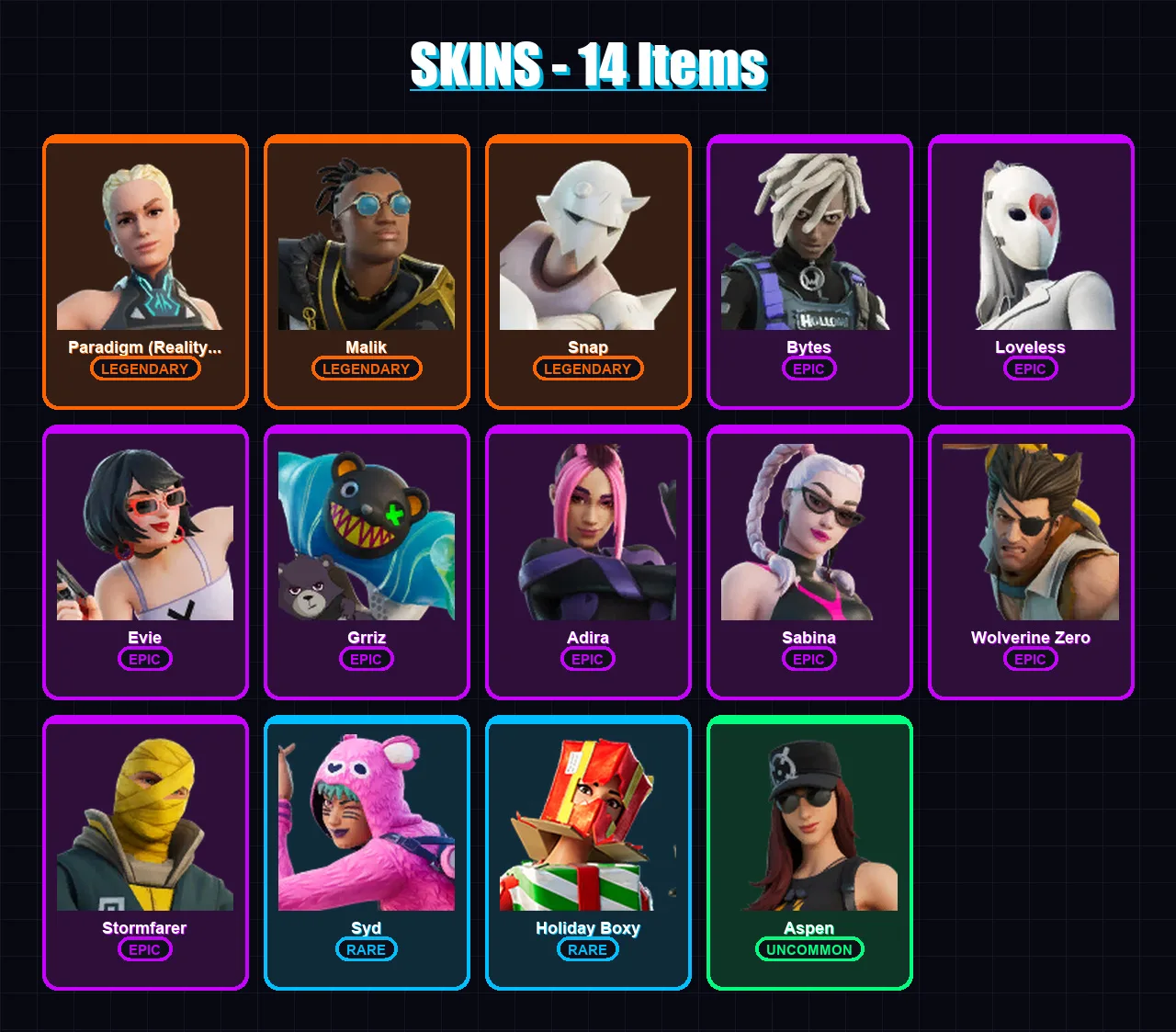 [SWITCH/XBOX/PSN/PC] | Paradigm (Reality-659) | Malik | Snap | Bytes | Loveless | 14 skin | 17 pickaxe | 11 emote | 13 glider | Lv159