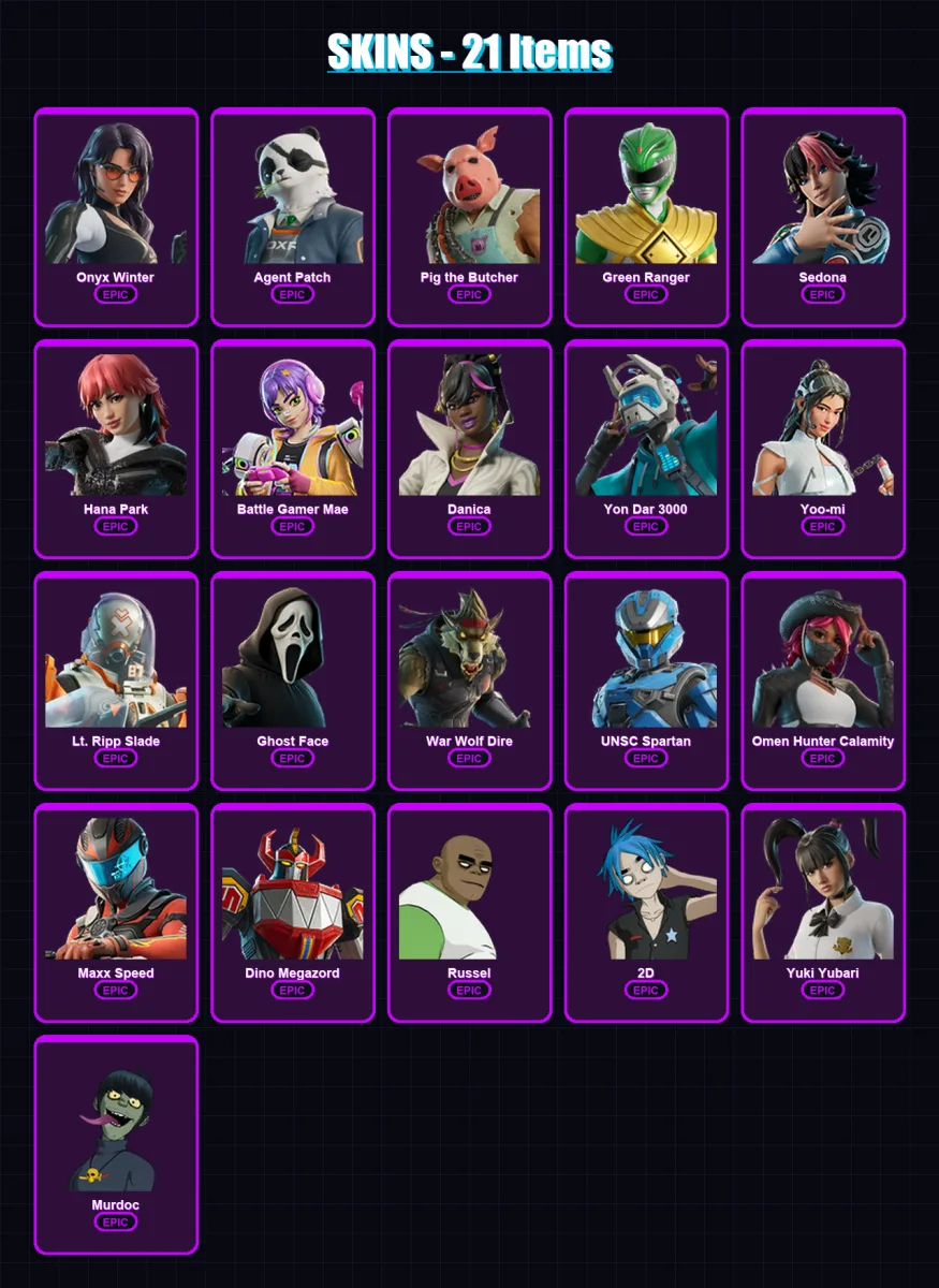 [PC/XBOX] | Onyx Winter | Agent Patch | Pig the Butcher | Green Ranger | Sedona | 21 skin | 31 pickaxe | 23 emote | 20 glider | Lv213