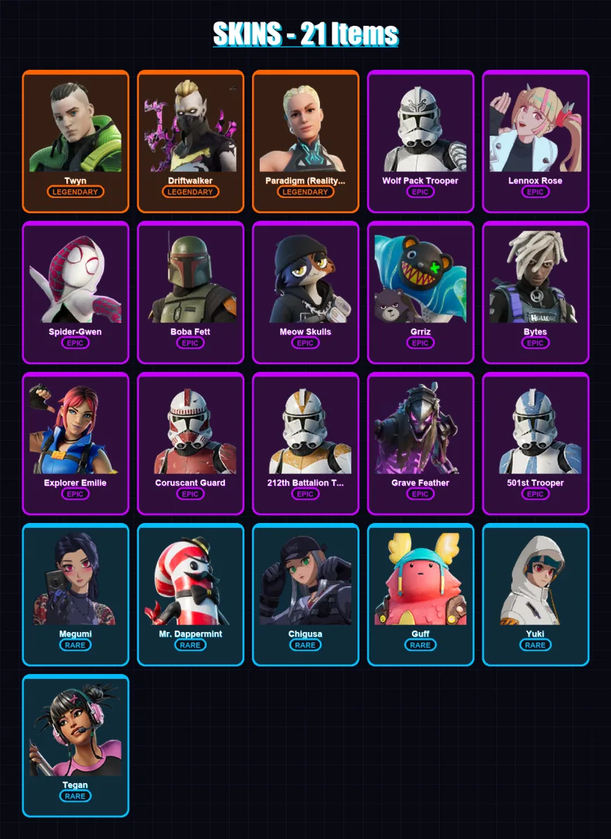[SWITCH/XBOX/PC] | Twyn | Driftwalker | Paradigm (Reality-659) | Wolf Pack Trooper | Lennox Rose | 21 skin | 19 pickaxe | 8 emote | 19 glider | Lv15
