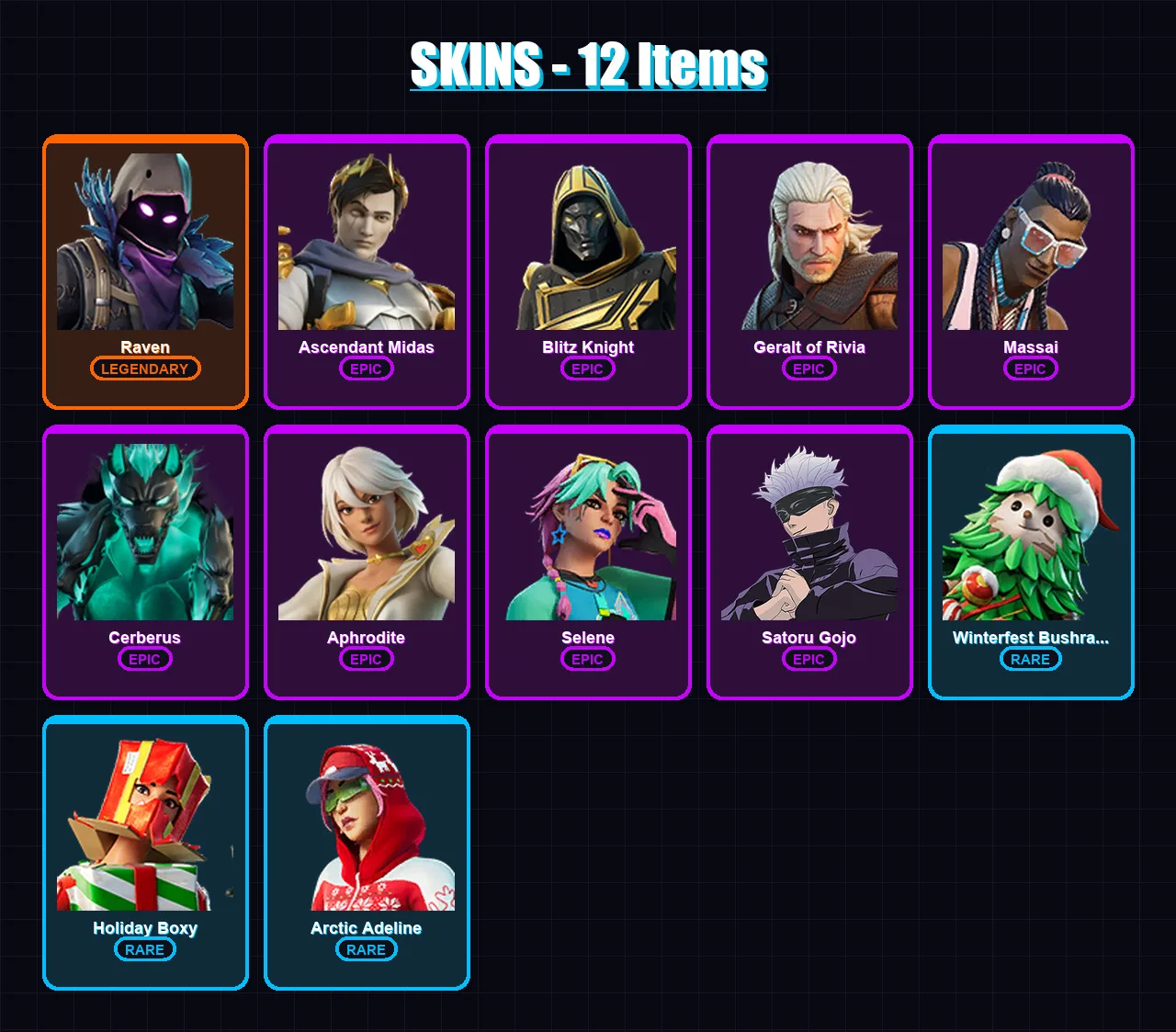 [PC/PSN] | Raven | Ascendant Midas | Blitz Knight | Geralt of Rivia | Massai | 12 skin | 34 pickaxe | 18 emote | 27 glider | Lv356 — Fortnite account